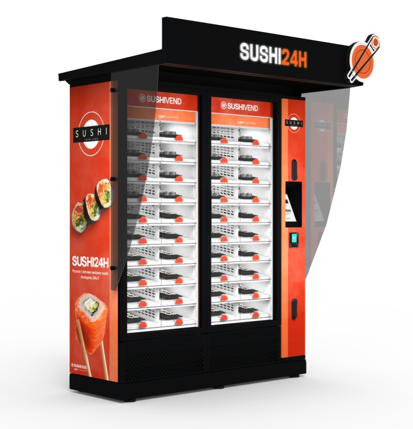 SushiVend sushi vending machine, three modules, SUSHI 24H sign