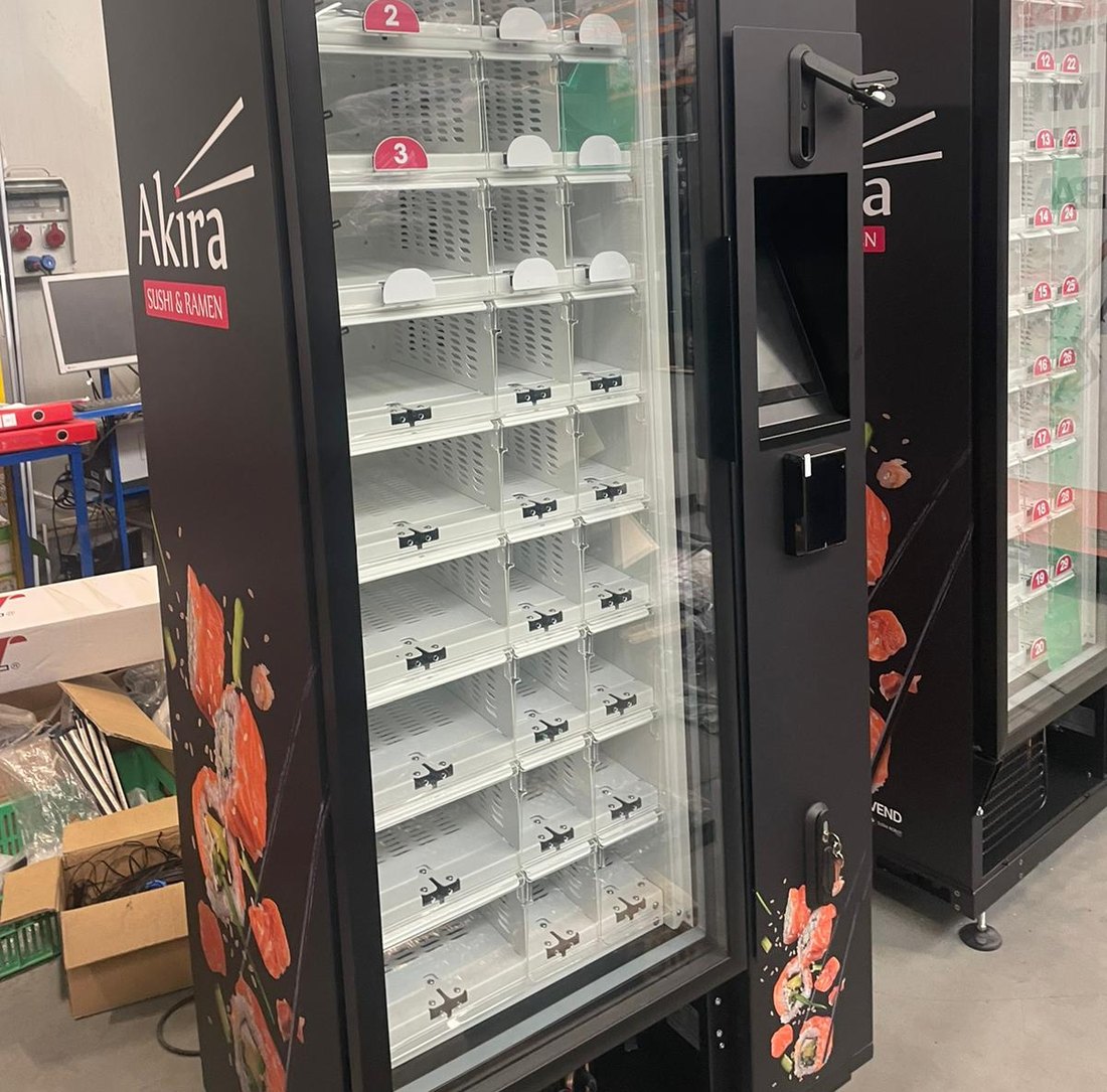 Refrigerated lockers of the SushiVend machine loaded with sushi trays